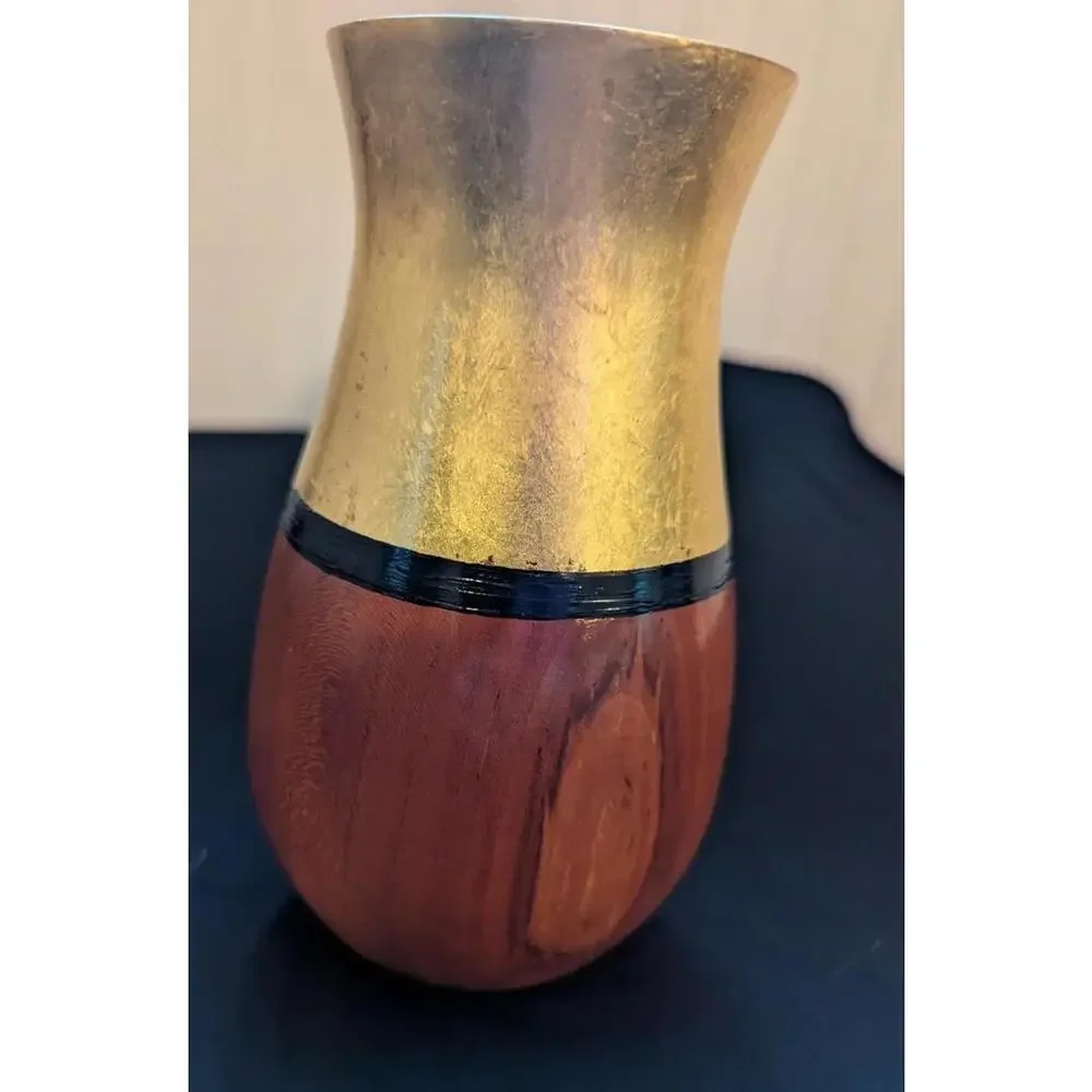 Vintage Mid Century Modern Wood & Gold Gilded Vase MCM Hourglass Trumpet